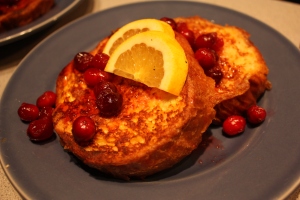 Brioche French toast with maple cranberries (sausages not pictured)